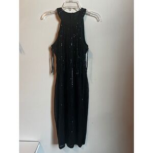 Sequin Fringe Halter Dress Cocktail Party Formal Sleeveless Black‎
